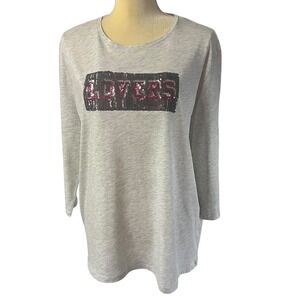 MNG Denim & Tees Women's‎ Sequin Lovers Long Sleeve T-Shirt Top Gray XL